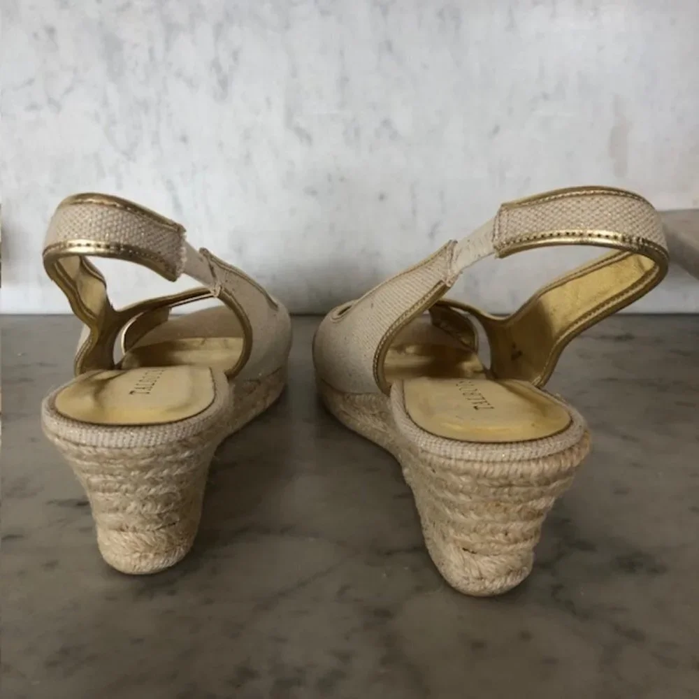 TALBOTS Linen Gold Cross Toe Jute Slingback Wedge Sandals 9 1/2M